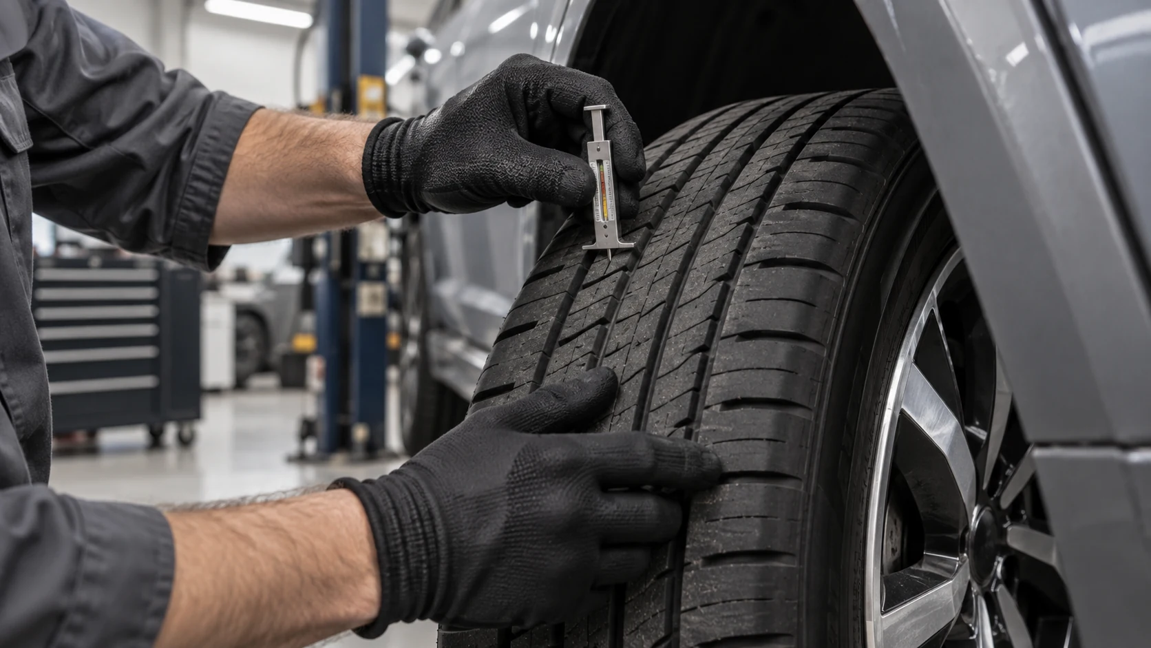 Prüfung der Profiltiefe eines Autoreifens